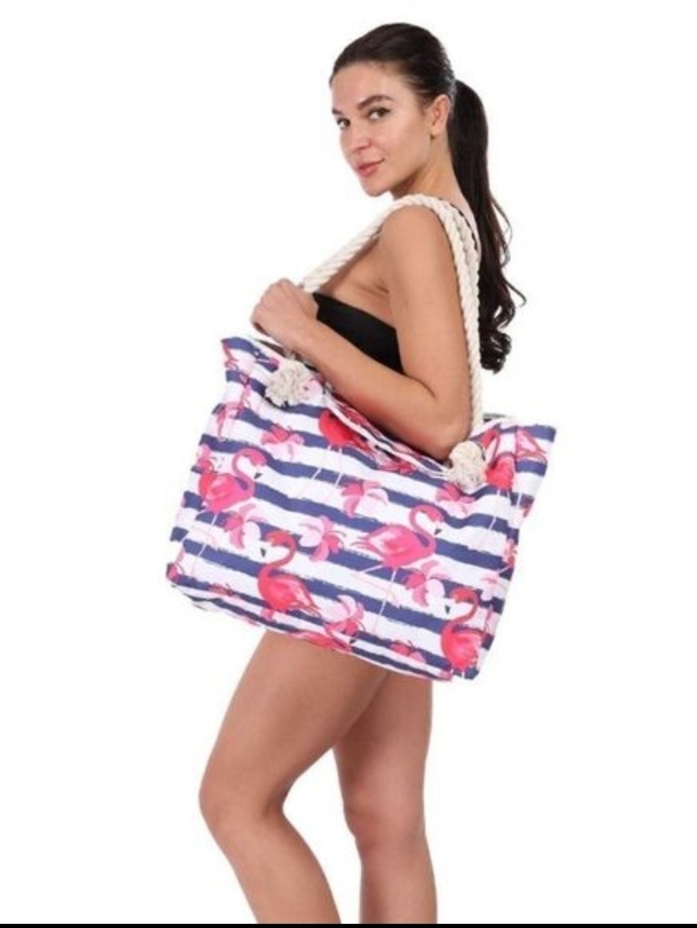 New FLAMINGO CANVAS TOTE BAG Overnighter Weekender Summer Brach Vacation • NWT
